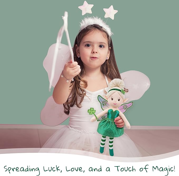 June Garden 12" Enchanted Garden Fairy Doll Clover - Plush Stuffed Soft Doll Girl Gift - Green Outfit and Wings