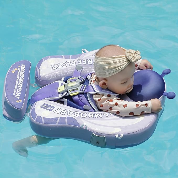 Mambobaby Float Add Tail Baby Swim Float with Canopy Solid Pool Infant Swim Trainer Swimming Training Lying Air Free Water Floats Non-Inflatable Waist Swim Ring for Toddlers (Butterfly-Purple)