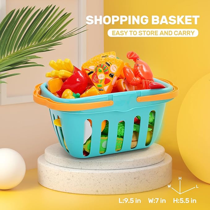 HOLYFUN 100 PCS Cutting Play Food Toy for Kids Kitchen, Pretend Fruit & Vegetables Accessories with Shopping Basket, Plastic Mini Dishes, Play Money, Perfect Educational Toy for Toddlers Boys & Girls