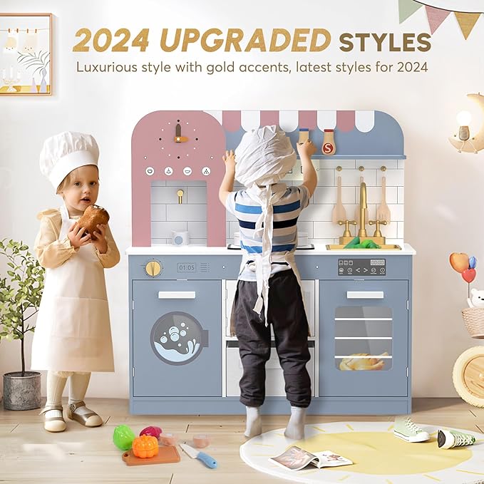 BIERUM Play Kitchen with Realistic Lights & Sounds, Wooden Kitchen Playset Chef Pretend Play Set for Toddlers, Toy Kitchen with 26 Pcs Toy Food & Cookware Accessories, Gift for Ages 3+ (Bule)
