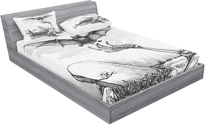 Ambesonne Halloween Fitted Sheet & Pillow Sham Set, Dead Skull Skeleton Out of The Grave and Flying Bat Hand Drawn Spooky Picture, Decorative Printed 3 Piece Bedding Decor Set, Full, Black Ecru