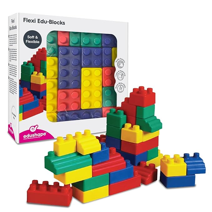 Edushape Soft Baby Blocks, 52 Pieces - Vibrant Colored Stacking Blocks for Building & Learning - Educational Play Soft Blocks for Babies, Toddlers, & Kids