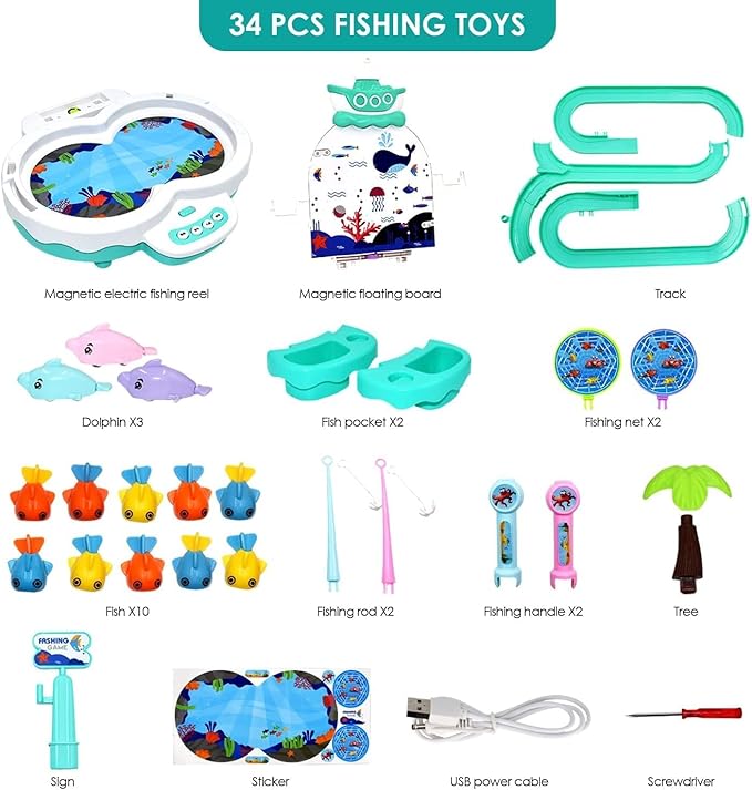 3in1 Fishing Game Toys for Kids with 34PCS Accessories Including Fishing Rod, Small Fish, Track, etc., STEM Toys with Music and Stories for Preschool Learning (Green)