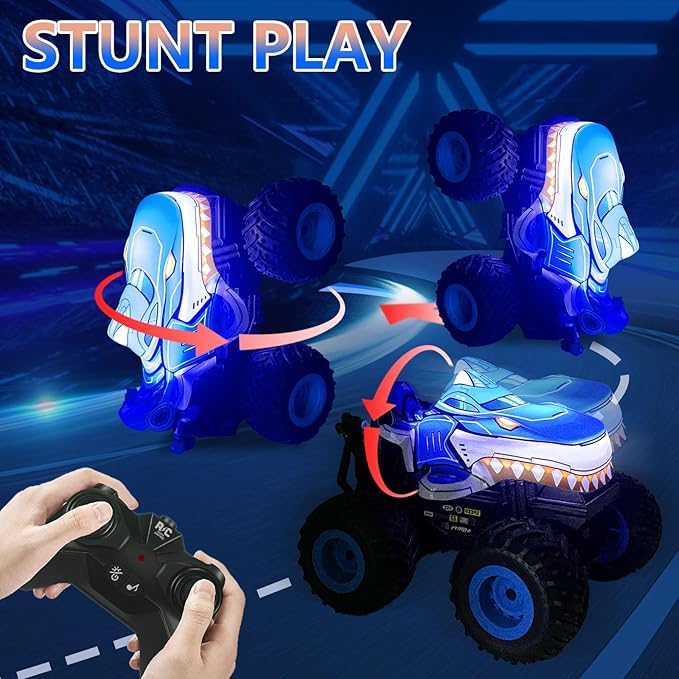 Monster Truck Toy, Shark Remote Control Car, 2.4Ghz Rchargeable Rc Truck with Music,Lighting Effect,360° Rotating Stunts RC Car Toy for Kids 3-5 6 7 8-12