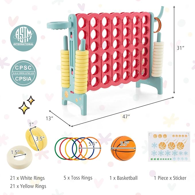 Costzon Giant 4-in-A-Row, Jumbo 4-to-Score Giant Game w/Basketball Hoop, Ring Toss, Quick-Release Slider, 42 Jumbo Rings, Indoor Outdoor Family Connect Game for Kids & Adults, Backyard Games