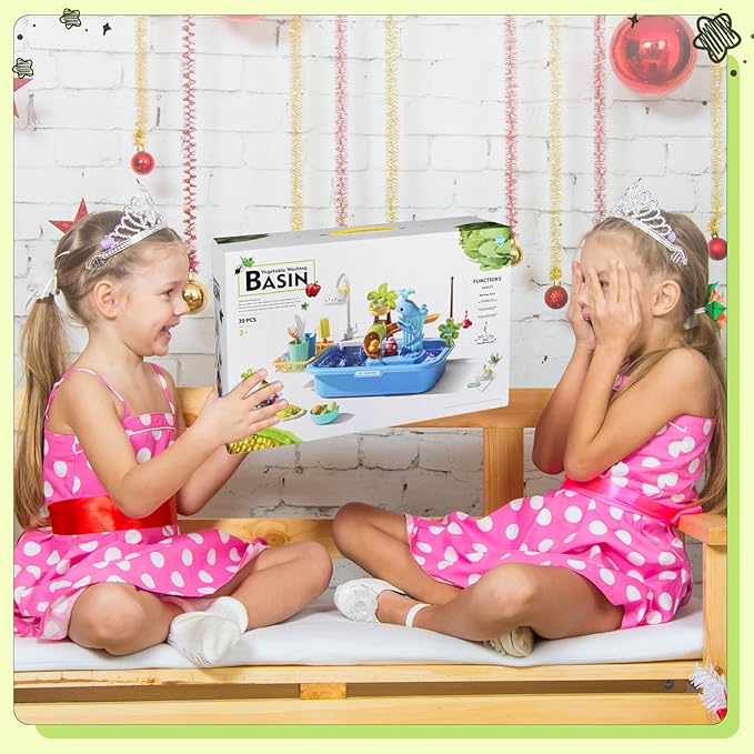 Play Sink with Running Water, Kitchen Sink Toys with Upgraded Electric Faucet, Play Dishwasher & Pool Floating & Fishing Toys for Kids, Play House Pretend Role Play Toys for Boys Girls