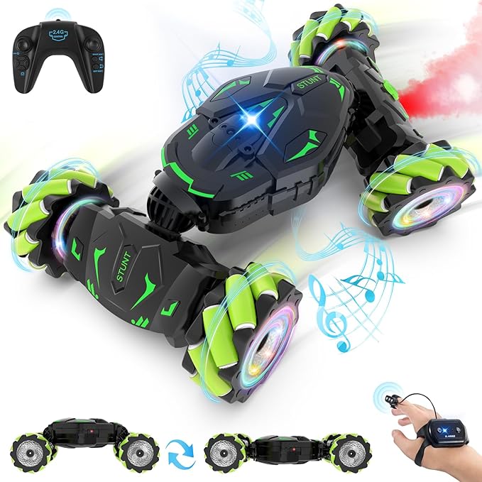 Pristar Gesture RC Toys for Boys 6-12, RC Sensing Stunt Car with Cool Spray Lights Music, Double Sided Flip 360 Rotate 4WD Off-Road
