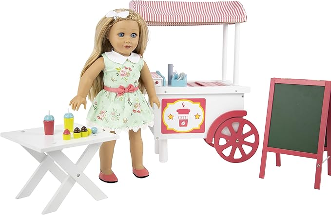 Playtime by Eimmie 18 Inch Doll Furniture Café Food Cart Set - Wooden Playset with Accessories, Fits American, Generation, My Life & Similar 14”-18” Dolls