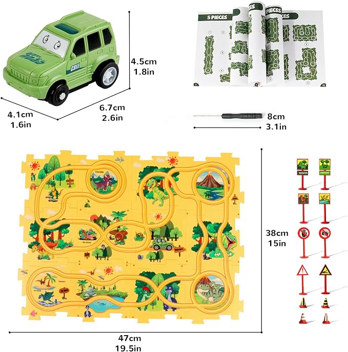 Plastic Floor Puzzles for Kids Ages 3-5, Puzzle Track Car Play Set, Educational Montessori Toys for 3 4 5 6 Year Old Boys, 3 4 5 6 Year Old Boy Birthday Gift, Boy Toys Age 3