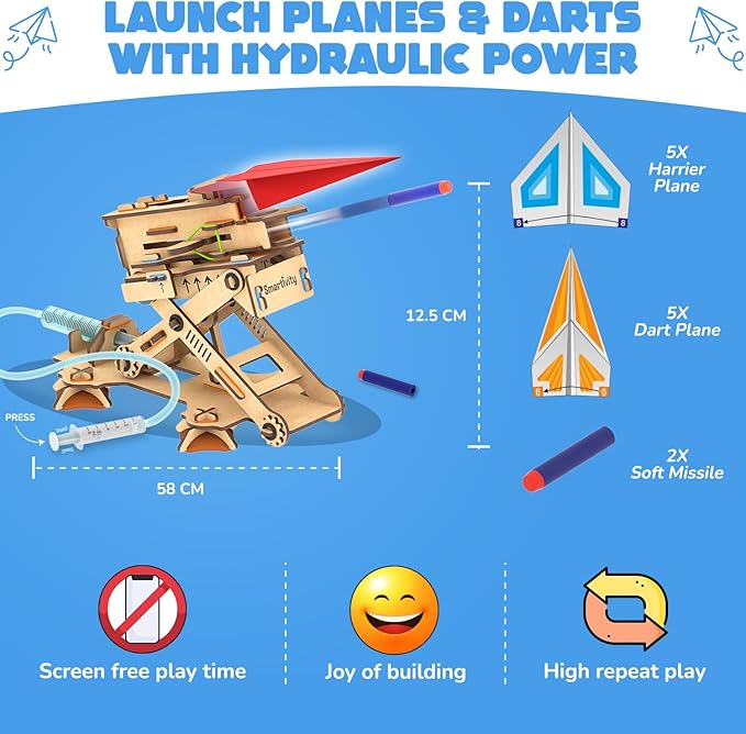 Smartivity 2in1 Hydraulic Airplanes & Darts Launcher STEM Toy for Kids Ages 6-14 Years I Cool Birthday Gifts for Boys & Girls | DIY Science STEM Kit for 6, 8,10,12,14 Years I Engineering Game