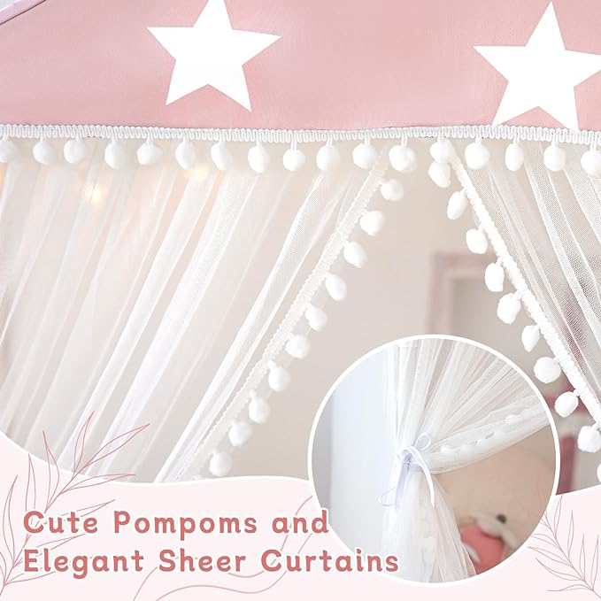 Kids Play Tent with Mat, Large Playhouse Tent with Pompoms Door Curtains, Children Play House for Girls Boys, Indoor Play Cottage (Pink)