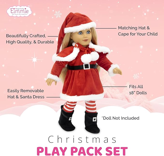 Playtime by Eimmie 18 Inch Doll Clothes and Accessories - Christmas Holiday Dress with Matching Santa Hat & Shawl - Clothing Sets & Stuff - Fits American, Generation & Similar 18” Dolls for Girls