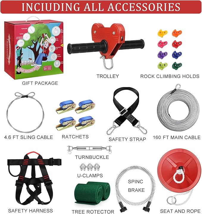EDOSTORY 160 Feet Backyard Zip Line Kit for Kids and Adult Outdoor Up to 330lb Zipline with Spring Brake and Safety Harness with 4 Tree Climbers, Christmas and Birthday Gifts for Kids(Red)