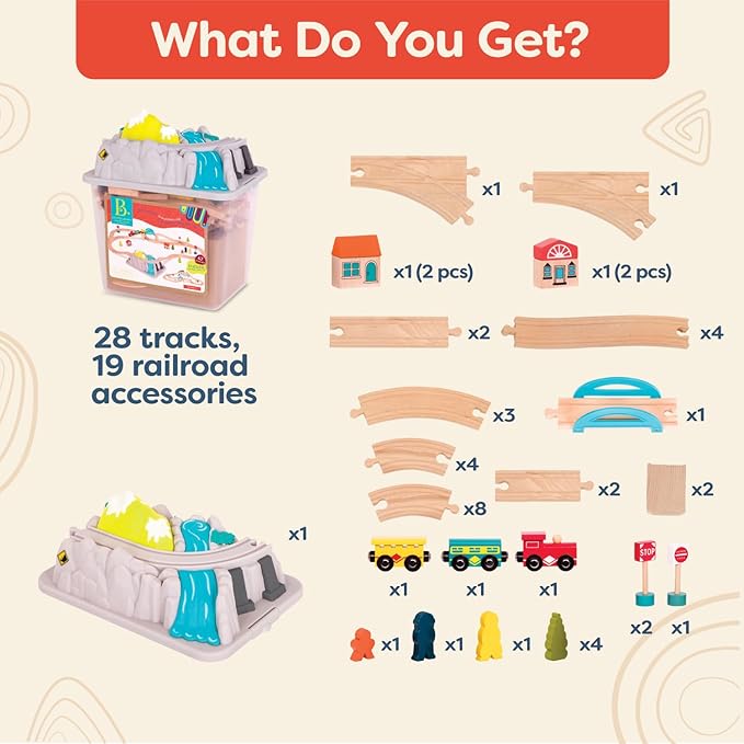 B. toys- Wood & Wheels Train Set- 47pc Wooden Train Set- Train Tracks & Accessories – Storage Bucket with Mountain Lid – Classic Toys for Toddlers, Kids – 3 Years +