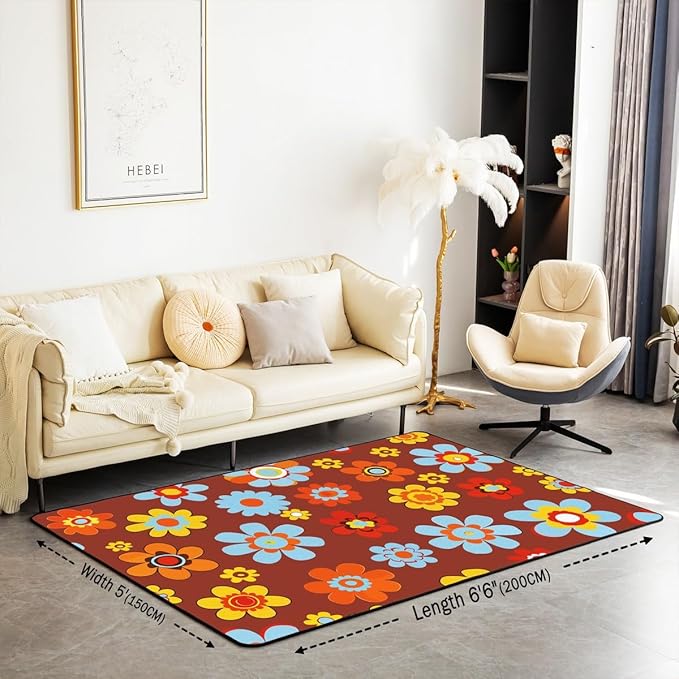 Erosebridal Groovy Flower Power Area Rug 5'x6'6'' Cute Boho Floral Rug 60S 70S Hippie Carpet for Kids Girls Teen Women Kawaii Colorful Vintage Bohemian Brown Non Slip Decorative Rug for Bedside