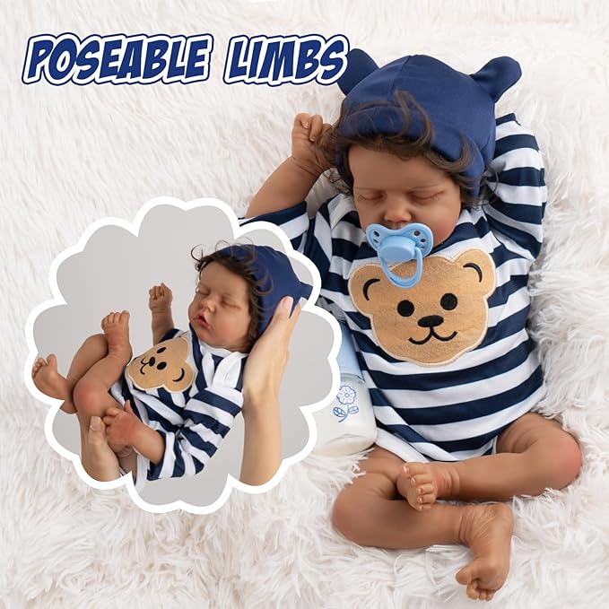 Jirachi Black Realistic Baby Doll Boy, 18-inch Black American Reborn Baby Soft Body Lifelike Doll with Feeding Toy for Kids Age 3+