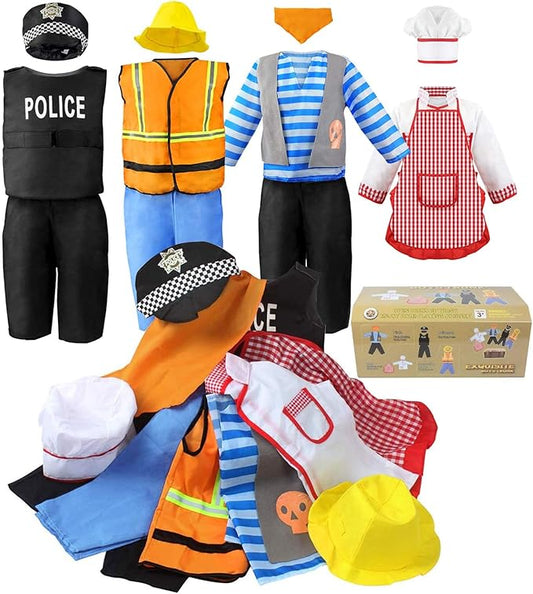 Jeowoqao Boy's Dress Up Costumes Set, Kids Role Play Set 11pcs Dress Up Trunk Pirate, Chef, Construction Worker, Policeman Costume For Kids Girls Toddler Age 3 4 5 6 Christmas Birthday Gift