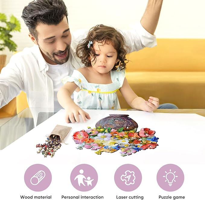 Flower Wooden Puzzles for Adults, 500 Pieces Vase Jigsaw Puzzles, Unique Shaped Medium Size Liberty Wood Puzzle Birthday Gift for Mom Adults and Kids, Family Game 17.5'' x 17''