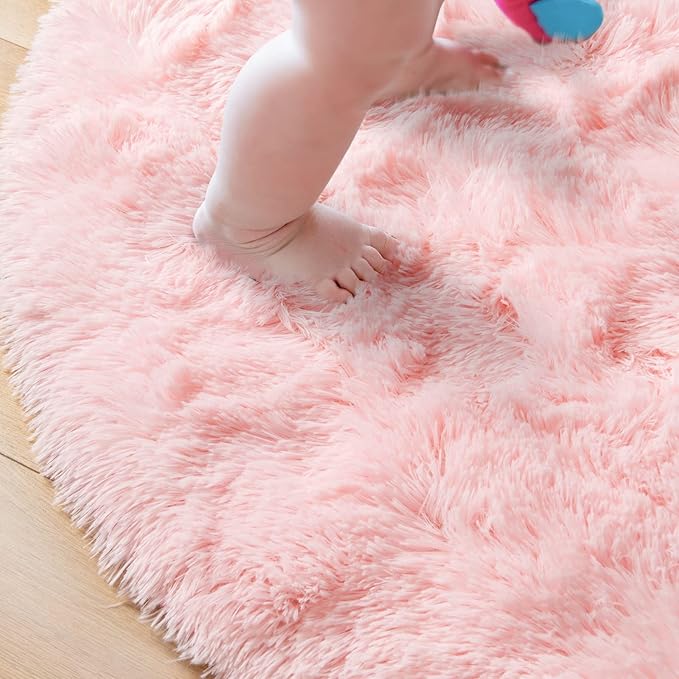 junovo Pink Round Rug 6x6 Feet Fluffy Soft Area Rugs for Kids Girls Room Princess Castle Plush Shaggy Carpet Cute Circle Nursery Rug for Kids Teen's Bedroom Home Decor Large Circular Carpet