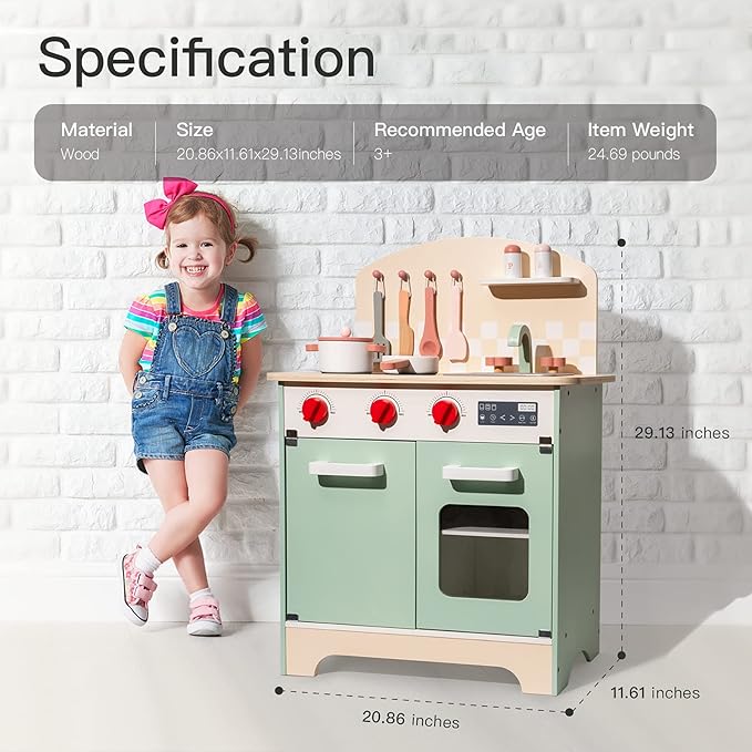 ROBOTIME Wooden Play Kitchen for Kids, Realistic Toddler Kitchen Set, Wood Chef Pretend Kids Kitchen Playset, Toy Kitchen for Kids Boys Girls Ages 3 to 8 (Green)