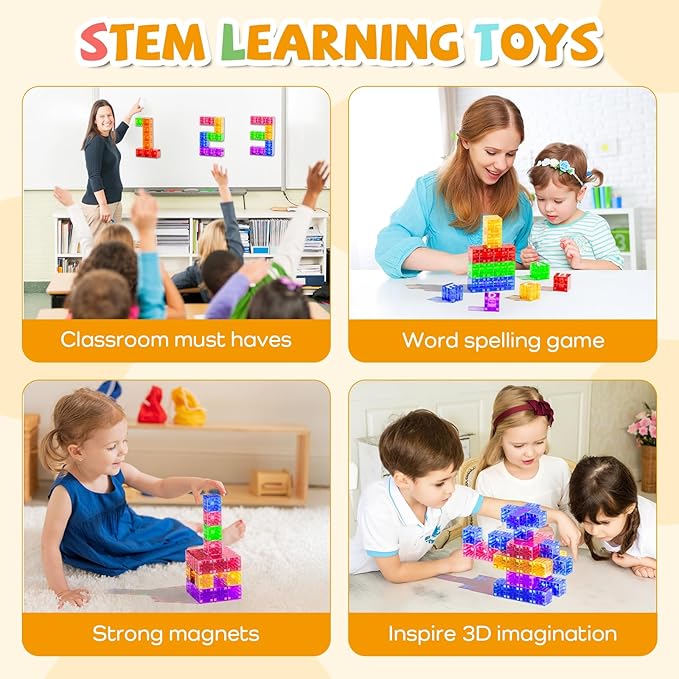 56PCS Magnetic Blocks, Transparent Magnetic Cubes, Magnet Building Blocks for Toddlers 3+, Montessori Toys, Preschool STEM Educational Sensory Magnet Toys for Kids Ages 3-5 Year Old Boys and Girls