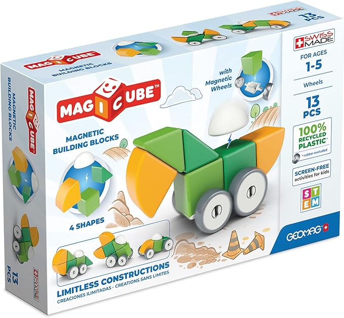 Geomag Swiss-Made MagiCube 13-Piece Magnetic Shapes & Wheels Building Set, Cars & Characters, Stacking Blocks for Toddlers & Kids Ages 1-5, STEM Educational Toy, Creativity, Imagination, Learning