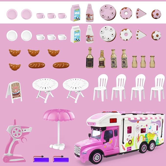 Remote Control Camper Toys, RC Truck for Boys Pull Back Model Car Doors & Awning Open Light Sound, RC Food Car Age 3 4 5 6 7 8 Kids Toddlers Birthday Gifts