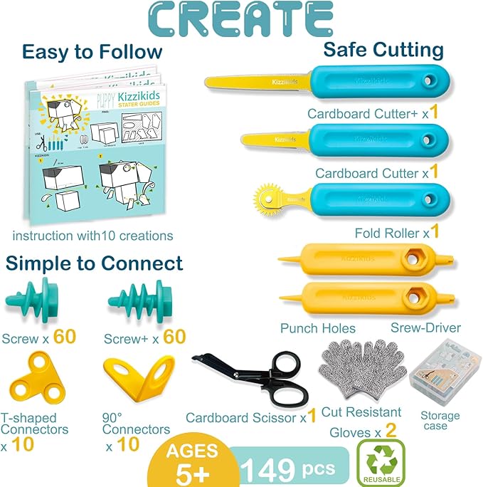Cardboard Cutting Tools for Kids with Tool Box, 149 PCS Cardboard Construction Kit for Family & Team Activities, Creative STEM Educational Toys Gift for Boys and Girls Aged 5+