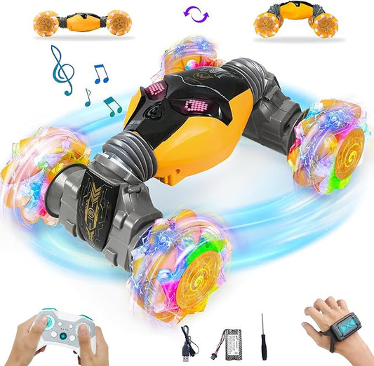 RC Cars Gesture Remote Control Car with Light Music 1:12 Hand Controlled Rc Car 2.4GHz 4WD Rc Stunt Car Gesture Sensing Double Sided 360° Rotation Off-Road Vehicle for Boys Girls(Yellow,Pro)