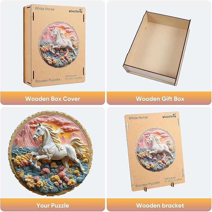 Wooden Puzzle for Adults 200 Piece - 3D Vision Effect Galloping White Horse Wooden Puzzle Unique Shape Advanced Wooden Jigsaw Puzzle, Wood Puzzles, Challenge Wooden Jigsaw Puzzle(11.2 x 11.2 in)