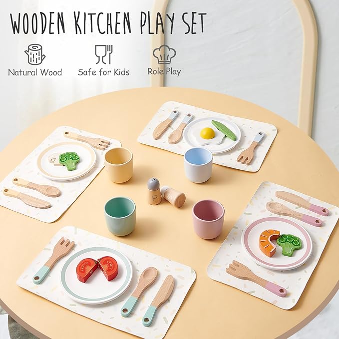 Wooden Play Kitchen Accessories Toys for Toddlers 3-5, Kids Play Kitchen with Realistic Plates & Dishes & Tableware, Montessori Pretend Christmas Birthday Gifts for 3 4 5 6 Years Girls Boys