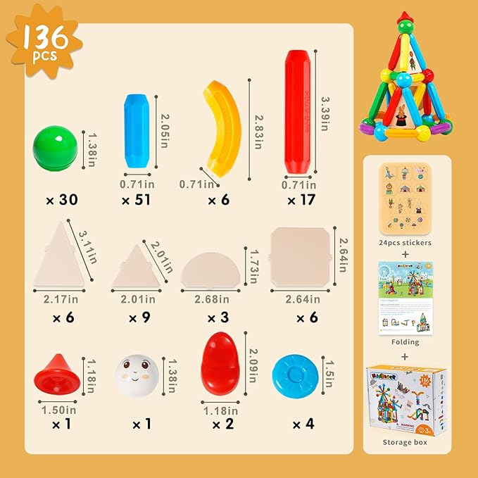 MAGBLOCK 136PCS Magnetic Sticks Toy Building Blocks Capable of Interconnection Magnet Tiles Balls Construction STEM Educational Learning Toys for 3+ Year Old Boys & Girls - Ideal Children's Gift Set