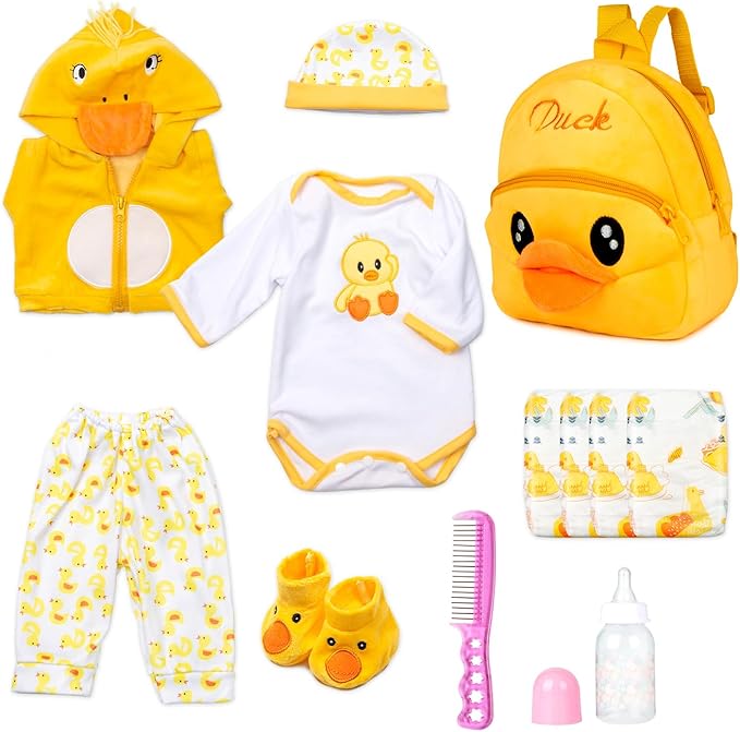 PEDOLLTREE 12pcs Set Reborn Baby Dolls Clothes Accessories with Backpack Diaper Yellow Duck for 17-22 Inch Baby Doll Reborn Doll Newborn Girl&Boy
