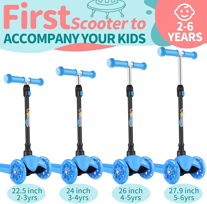 BELEEV A1 Scooter for Kids Ages 2-6, 3 Wheel Kick Scooter for Toddlers Girls Boys, Light up Wheels, Adjustable Height, Lean to Steer, Non-Slip Deck, Lightweight Push Scooter for Children