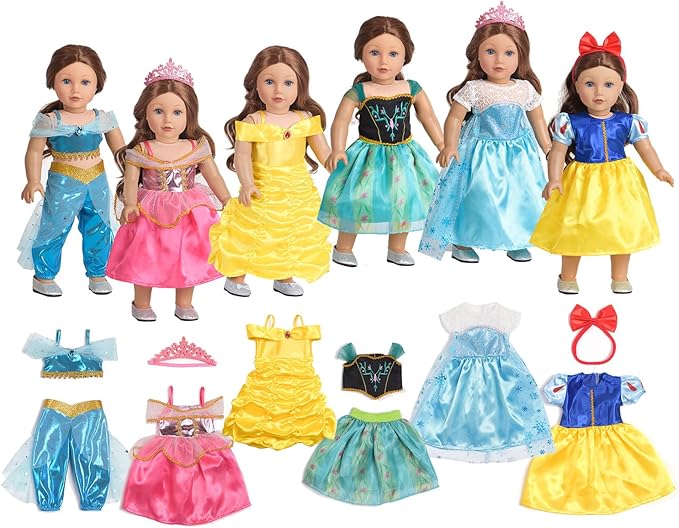 Clothes 6 Sets Princess Dresses Accessories Costume Jasmine Aurora Belle Snow White for 18 Inch Dolls