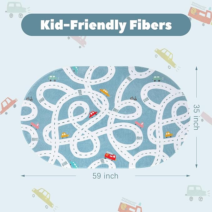 LIVEBOX Blue 3'x5' Non-Slip Kids Play Rug, Machine Washable Road Mat for Playroom, Toy Room Carpet with Cartoon Design for Boys and Girls