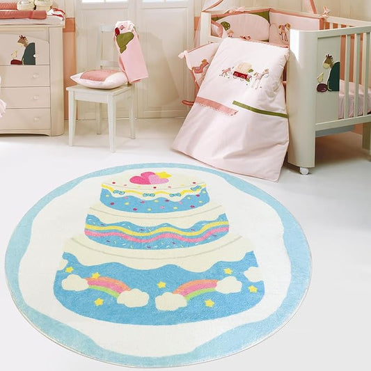 Kids Rug 4Ft Round Cake Bedroom Carpet Circle Blue Playroom Area Rug Rainbow Play Mat for Boys Girls Nursery Living Room Classroom Decor Washable Children Throw Rug, Blue