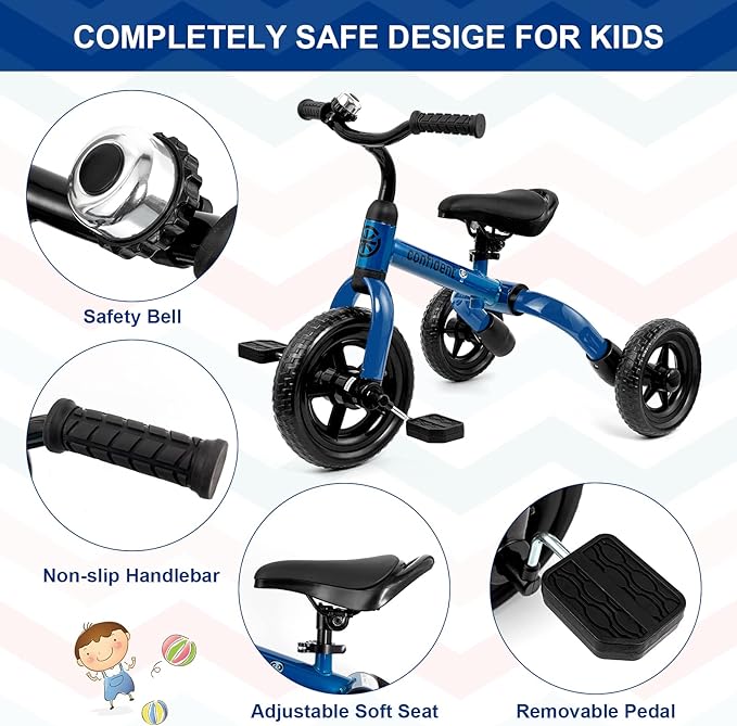 XPIY Tricycle for Toddlers Age 2-5 Years Old, 3 in 1 Folding Toddler Bike for Boys and Girls, Kids' Bike Trike with Detachable Pedal and Adjustable Seat (Blue)