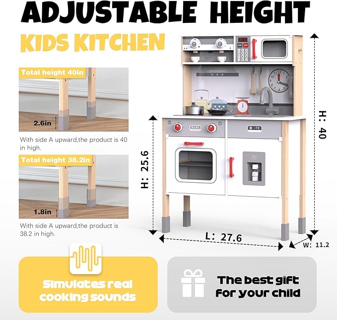 JOYOOSS Play Kitchen for Kids,Wooden Kids Kitchen Playset Toy Toddler Play Kitchen Set for Toddlers 3+ with Real Lights & Soundswith Cookware Accessories
