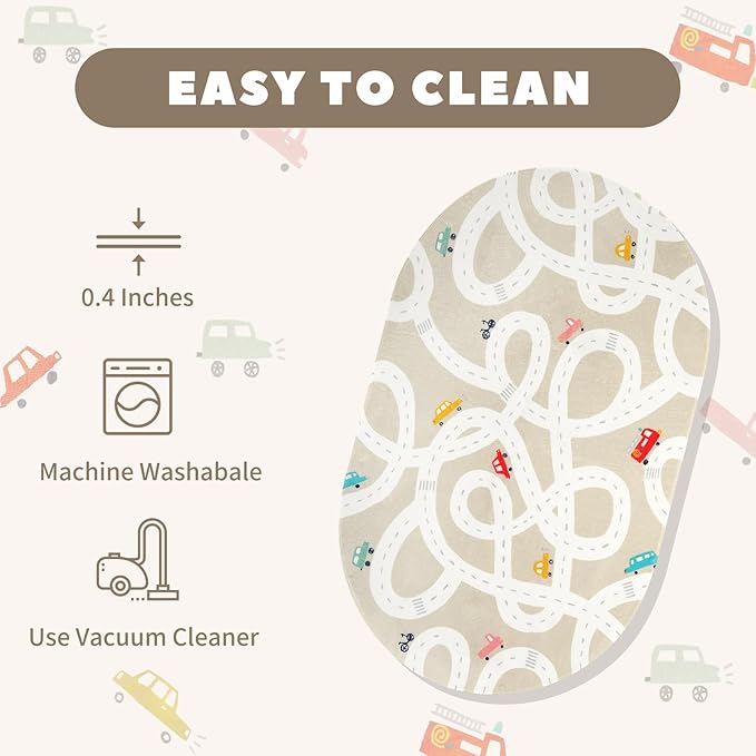 LIVEBOX 4'x6' Toy Car Rug for Kids Room, Machine Washable Area Rug, Non-Slip Road Mat for Playroom, Educational Car Playmat for Nursery, Skin-Friendly Carpet for Bedroom, School