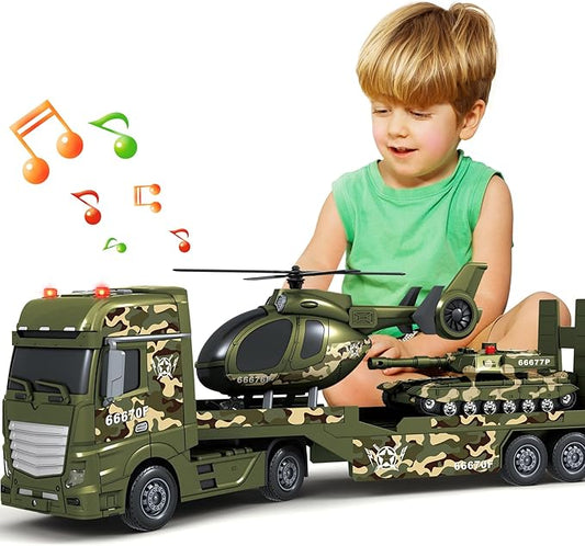 Toddler Boy Toys for 3 4 5 6 7 Years Kids, 25" Semi Army Truck Toy with Helicopters and Tank, Friction Powered Military Toys with Lights and Sounds, Birthday for Boy Girls