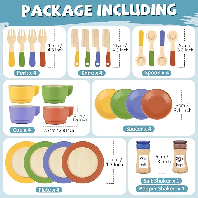 Wooden Play Dishes and Plates for Kids Kitchen Set Accessories for Toddlers 1-3 Cooking Toys Tea Cups for Kids Kitchen Birthday Gift for 3 4 5 Year Old Boys Girls