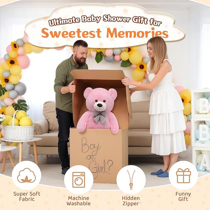 MorisMos Bow Tie Giant Teddy Bear, 39inch Large Teddy Bear Plush, Soft Big Bears for Girls Girlfriend, Pink