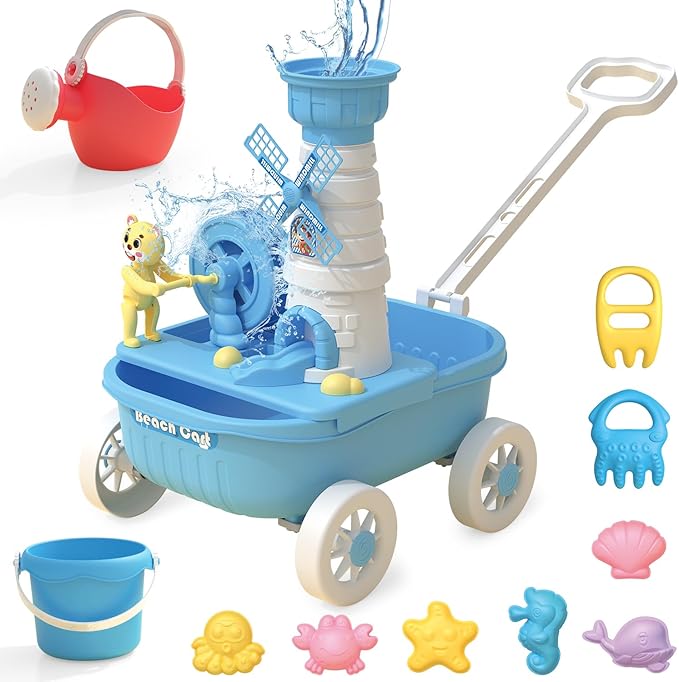 Dollox Kids Beach Wagon with Sand Toys - 12 Pieces, Water Wheel, Bucket, Watering Can, Marine Animal Sand Molds - Kids Beach Bucket Toy Outdoor Fun Play Set Beach Sand Toys for Toddlers & Kids