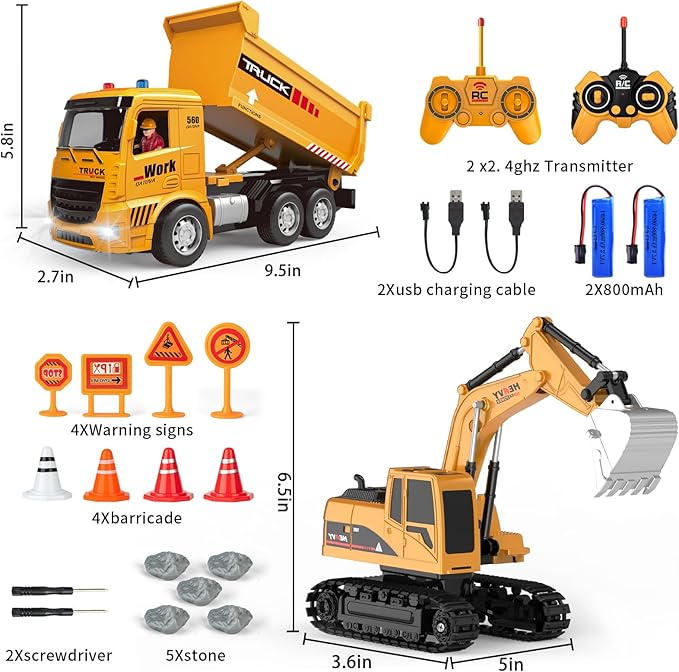 Remote Control Excavator and Dump Truck Toy Set - RC Construction Vehicles Toy with Barricades, Road Signs, Simulated Rocks, Lights and Sounds, Birthday Gifts for Toddlers 3-12 year Boys Girls