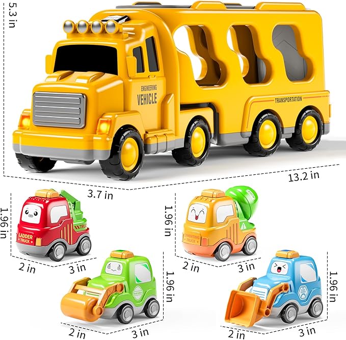 TEMI Construction Truck Toys for 1 2 3 4 5 6 Year Old Boys, 5-in-1 Friction Power Toy Vehicle in Carrier Truck, Toddler Toys Car for Boys Christmas Birthday Gift for Kids Aged 3+