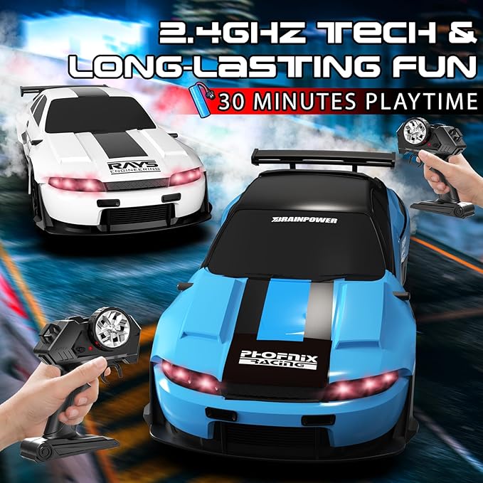 Remote Control Car, 1/24 Scale RC Drift Car, 4WD 15KM/H High Speed RC Cars, Racing Sport Toy Car with LED Lights, Racing Tire, Birthday for Kids Boys Girls, Rechargeable Battery