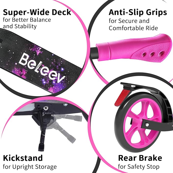 BELEEV V8 Scooters for Kids Ages 6+ with Light-Up Deck, 2 Wheel Folding Scooter for Adults Teens, 4 Adjustable Height, Lightweight Sport Commuter Scooter, Sturdy Frame, Max Load 220 lbs