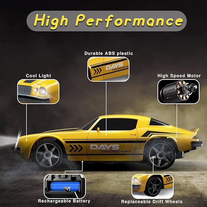 RC Drift Car - 1/24 4WD Remote Control With LED Light, 2.4GHz High Speed, Two Rechargeable Batteries and Drift Tires for Kids and Adults, Boys and Girls, Yellow