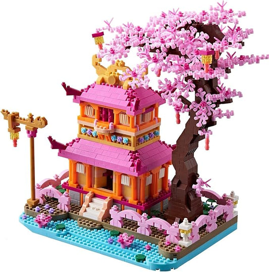Cherry Blossom Tree House Micro Building Blocks Set Enjoy Flower Pavilion 1810pcs Exquisite Architecture Model Kit for Girls and Women (Adults or Kids Age of 14+)